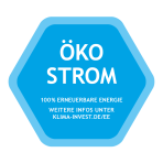 Siegel Ökostrom Blaues KlimaInvest Ökostrom Zertifikat, Strom zu 100% aus europäischen Wasser-, Windkraft- und Solarenergieanlagen