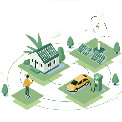 Die Vorteile von rabot.charge: Wie du dein E-Auto intelligent, günstig und umweltfreundlich lädst. Illustration eines Ökosystems mit einem Haus, das Solarpaneele auf dem Dach hat, ein Mann, der ein Handy hält, ein Elektroauto, das an eine Ladestation angeschlossen ist, und ein Windrad im Hintergrund.
